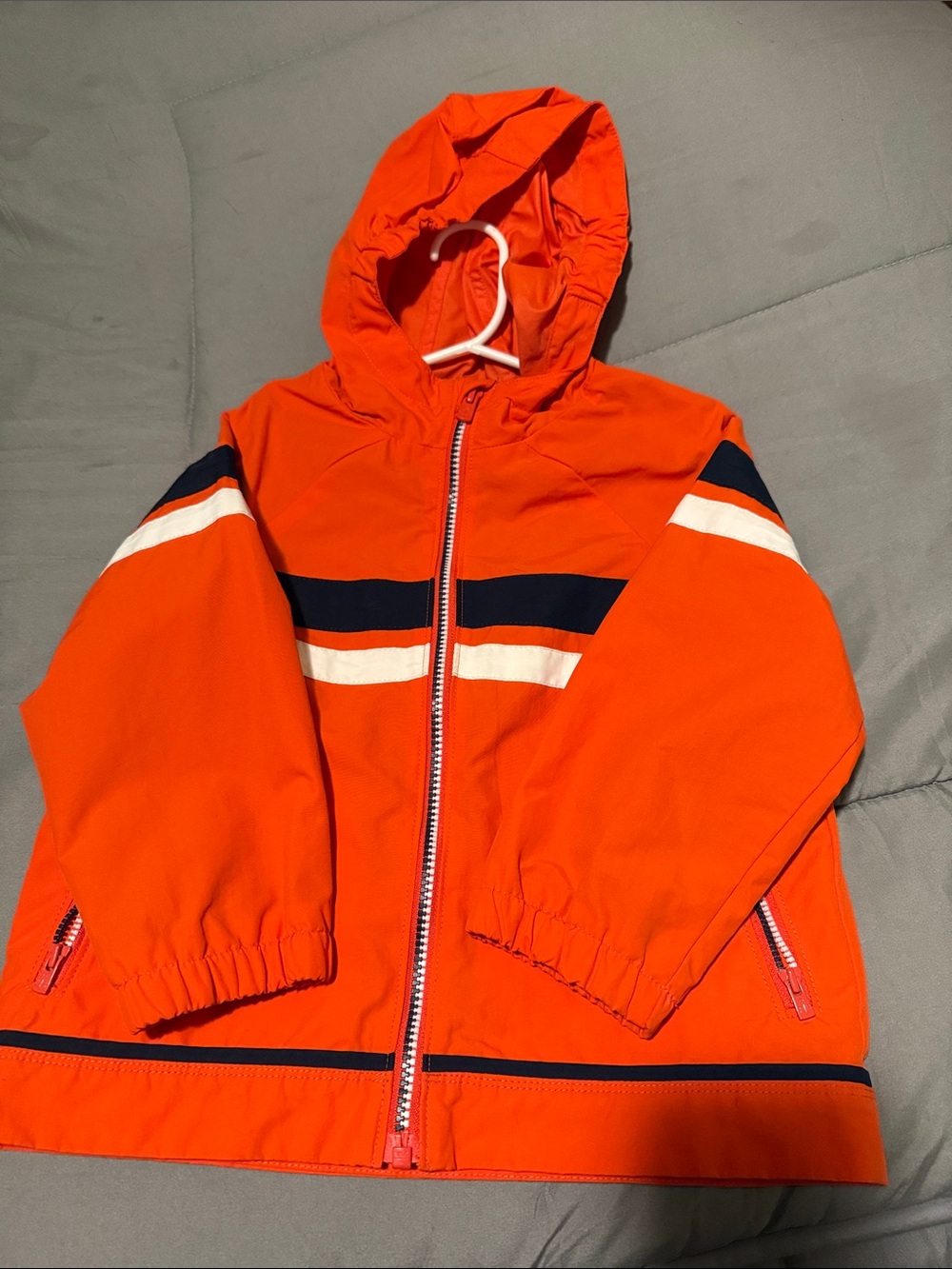 Lands' End Kids Orange Hooded Raincoat with Navy & White Stripes